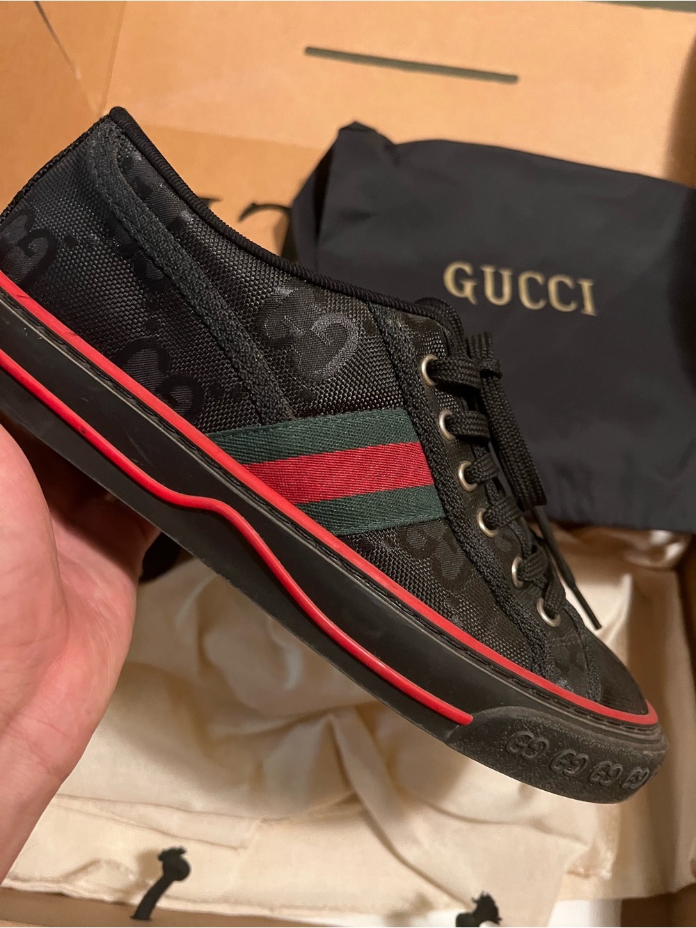 Gucci Black Canvas Low-Top Sneaker with Red & Green Web Stripe